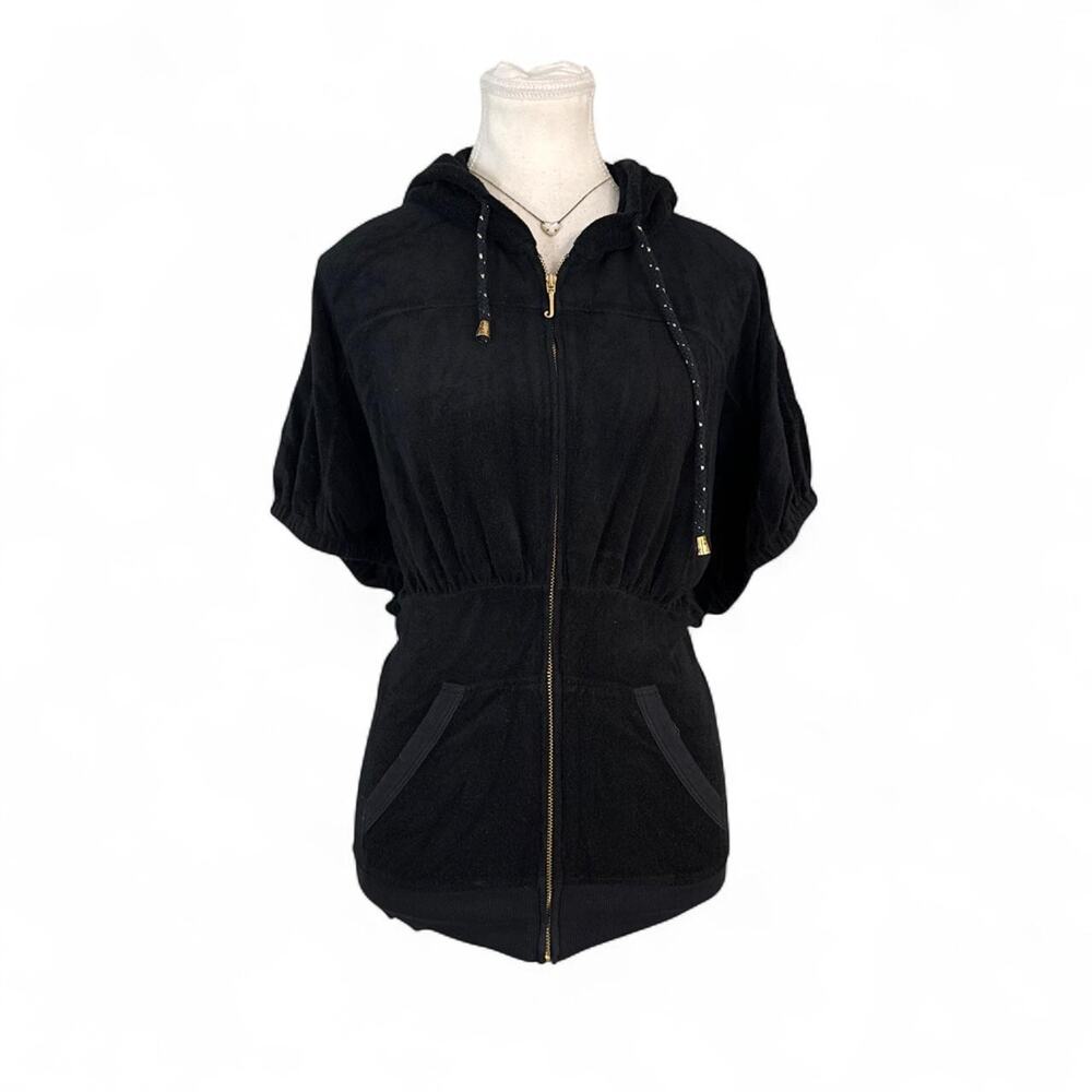 Y2K Black Velour Juicy Couture Angel Winged Short Sleeve Hooded zip up Small